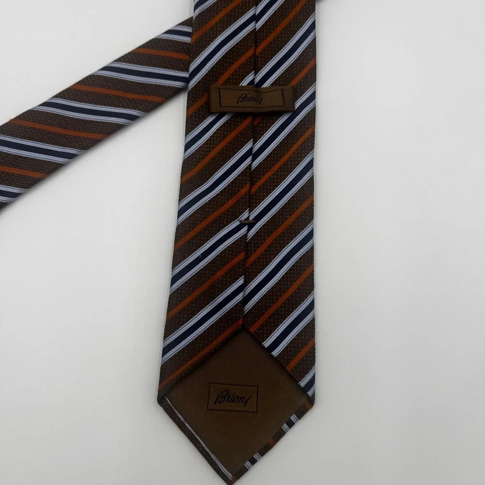 Brioni Silk Tie OS Classic Brown Blue Orange Diagonal Stripe Handmade Italy